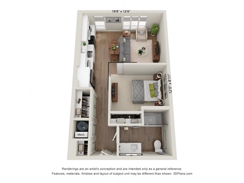 Floor plan for studio, 1 bath, 640 sqft
